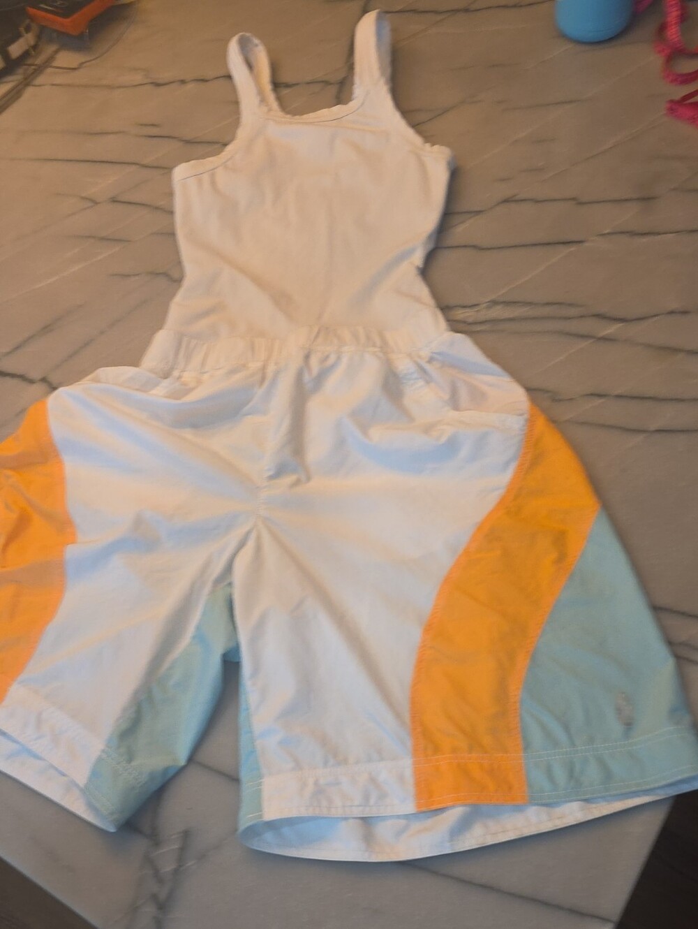 FP Movement by Free People White Short Overalls with Orange & Light Blue Panels
